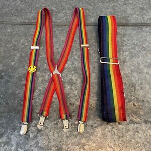 Rainbow Suspenders and Belt One Size Adjustable Vintage Retro 70s Smiley Face